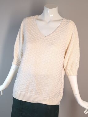 Ella Moss Cream Peach V-Neck Textured Short-Sleeve Sweater